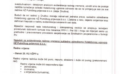 Naputak o evidentiranju radnog vremena radnika  društva HŽ Putničkog prijevoza